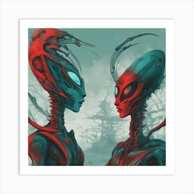 Alien Couple Painted To Mimic Humans, In The Style Of Surrealistic Elements, Folk Art Inspired Illu Art Print