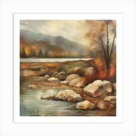 Autumn Lake,Forest Lake, Vintage Oil Painting, Farmhouse Wall Decorations, Antique Landscape, Vintage Landscape Oil Painting.1 5 Art Print