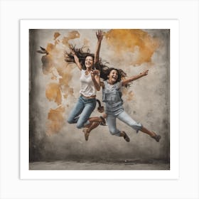 Happy Young Women Jumping In The Air Art Print