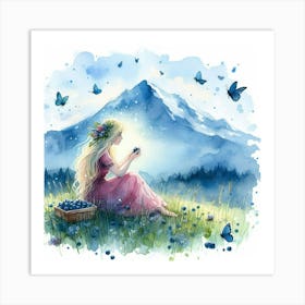 Watercolor Of A Girl With Blueberries Art Print