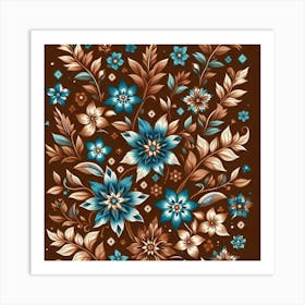 Batik, Blue And Brown Floral Pattern  Art Print