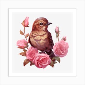 Bird On Roses 2 Art Print