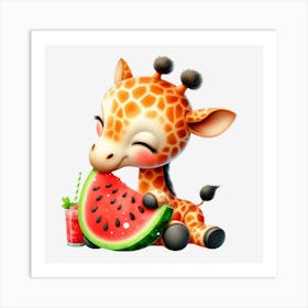 Giraffe With Watermelon Art Print