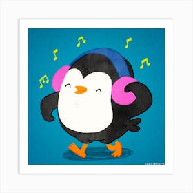 Happy Penguin Listening Music With Headphone Art Print