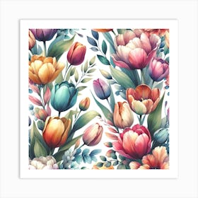 Watercolor Tulips Seamless Pattern Art Print