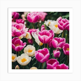 Pink Tulips In The Garden Art Print