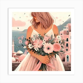 Santorini Beatiful Girl in Dress and Flowers Art Print