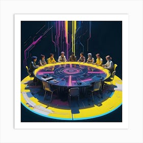 Group Of People Around A Futuristic Round Table, Glowing Lines Above Art Print