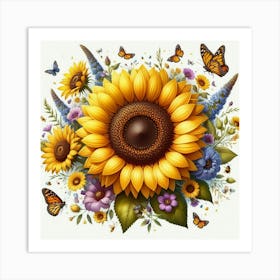 Sunflowers And Butterflies 1 Art Print