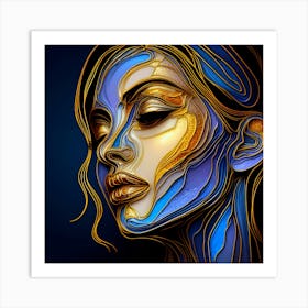 Face Portrait Of A Lady In Style - Stained Glass Effect With Golden Lines, And Orange, Blue, Purple, And Golden Colors On a Deep Blue Background With A Touch Of Abstraction. An Amazing Piece Of Art. Art Print