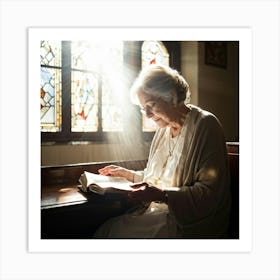 An Elderly Woman Of Faith Dressed In A White Cardigan Is Absorbed In Reading The Holy Bible Her H (5) Art Print