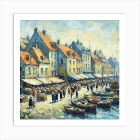 City And Market By The Sea, Acrylic Painting Style Art Print