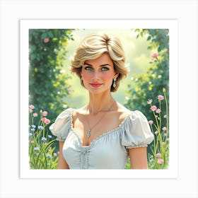 Beautiful Watercolor Rendering Of Princess Diana In A Serene Garden 1 Art Print