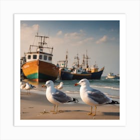 Seagulls On The Beach Art Print