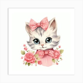 Cute Kitten With Pink Roses Art Print