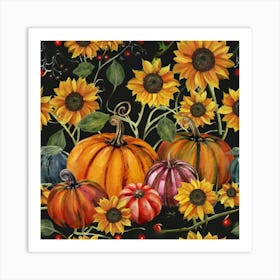 Pumpkins And Sunflowers 1 Art Print