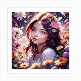 Pretty Girl With Flowers Art Print