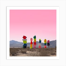 Seven Magic Mountains With Pink Sky In Las Vegas Square Art Print