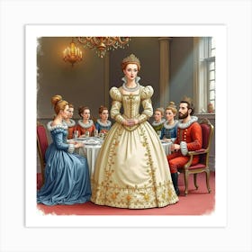 Watercolor Scene Of Queen Elizabeth I, Royal Banquet Setting 1 Art Print