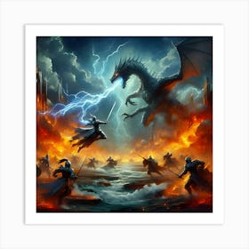 A Dramatic Battle Scene Featuring A Knight Fighting A Dragon In Fiery Ruins With Lightning Bolts Striking Dynamically Posed Combatants, Depicted In A Stylized Painterly Style 2 Art Print