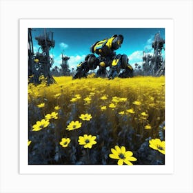 Robot In A Field Of Yellow Flowers 4 Art Print