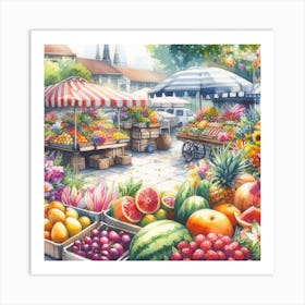 Lively and Charming - Watercolor Painting of a Flower and Fruit Market Art Print