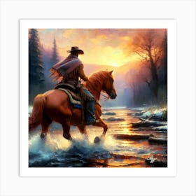 Cowboy Riding Across A Stream 4 Copy Art Print