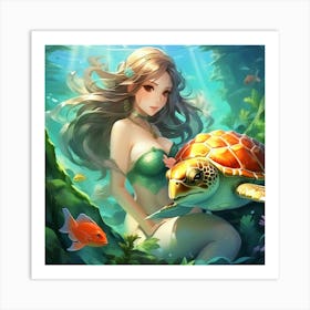 Mermaid and turtle Art Print