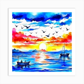 Watercolor Landscape View For Ocean At The Sunset And Birds Are Flying In A Blue Sky And A Small Boat Art Print