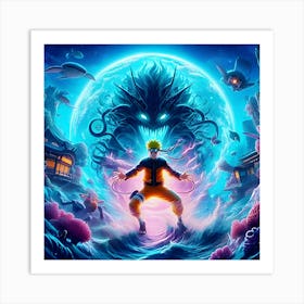 An Eye Catching Anime Style Digital Painting Featuring Naruto Unleashing Rasengan Set Against The Background Of Hidden Under The Sea And Visual Effects Like Explosions 1 Art Print