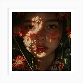 Girl With Red Flowers Art Print