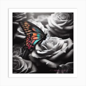 Butterfly On Roses Art Print