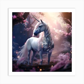 white unicorn with a long mane in a mystical fairytale forest, mountain dew, fantasy, mystical forest, fairytale, beautiful, purple pink and blue tones, dark yet enticing, Nikon Z8 3 Art Print