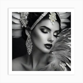 Black And White Portrait Of A Woman With Feathers Art Print