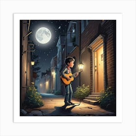 Young Boy With Gitaar In Moon Light Art Print (1) Art Print