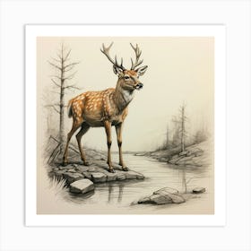 Deer By The Stream 1 Art Print