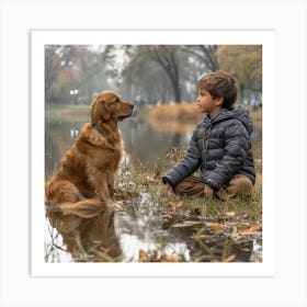 Boy And Dog In The Park Art Print