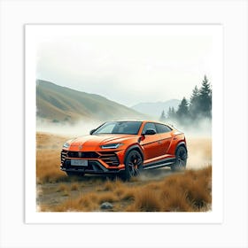 Lamborghini Urus In A Watercolor Highland Landscape With Mist 1 Art Print