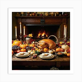 A Beautifully Prepared Thanksgiving Banquet Seated Under The Warm Glow Of Recessed Lighting In A Rus (4) Art Print