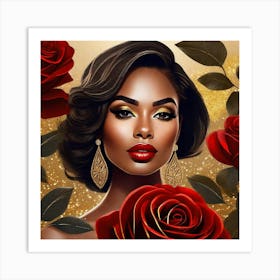 Black Woman With Red Roses 5 Art Print