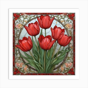 A close up of a stained glass window with flowers, RED Tulips Art Print