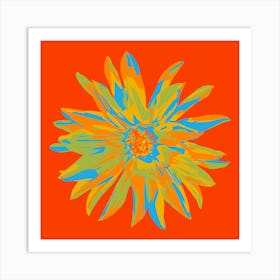 DAHLIA BURSTS Single Abstract Blooming Floral Summer Bright Flower in Orange Yellow Lime Green Blue on Coral Red Art Print