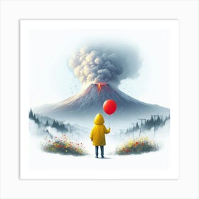 A boy standing with a balloon in front of smokey volcano Art Print