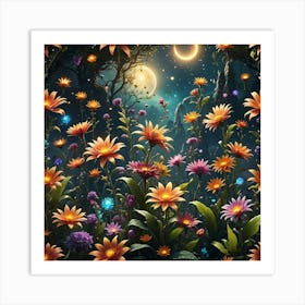 Moon And Flowers In The Forest Art Print