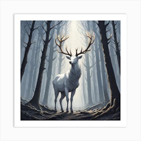 A White Stag In A Fog Forest In Minimalist Style Square Composition 36 Art Print