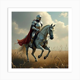 A Knight In Silver Armor Riding A Horse Through A Battlefield 1 Art Print