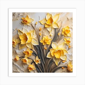 Daffodils Waving Stem Pointed Leaves Yellow Flashes Brown Art Print