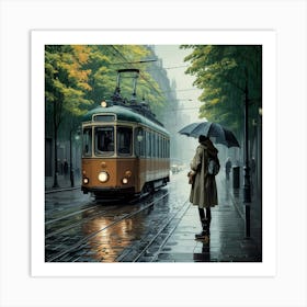 Vintage Tram Urban Scene—a nostalgic image featuring a classic tram on wet city tracks, complemented by an autumnal urban backdrop and a solitary figure with an umbrella Art Print