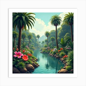 Lush Gardens Along The Nile With Exotic Plants And Vibrant Flowers 1 Art Print