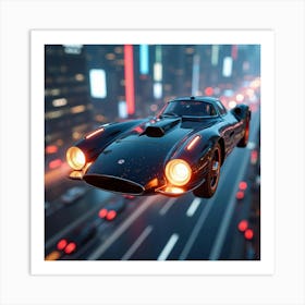 Sleek Futuristic Car With Glowing Engines, Flying Above A Neon Lit City 1 Art Print